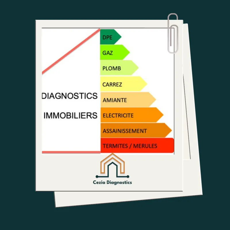 Liste en bandes colorées : DPE, gaz, plomb, Carrez, amiante, électricité, assainissement, termites et mérules