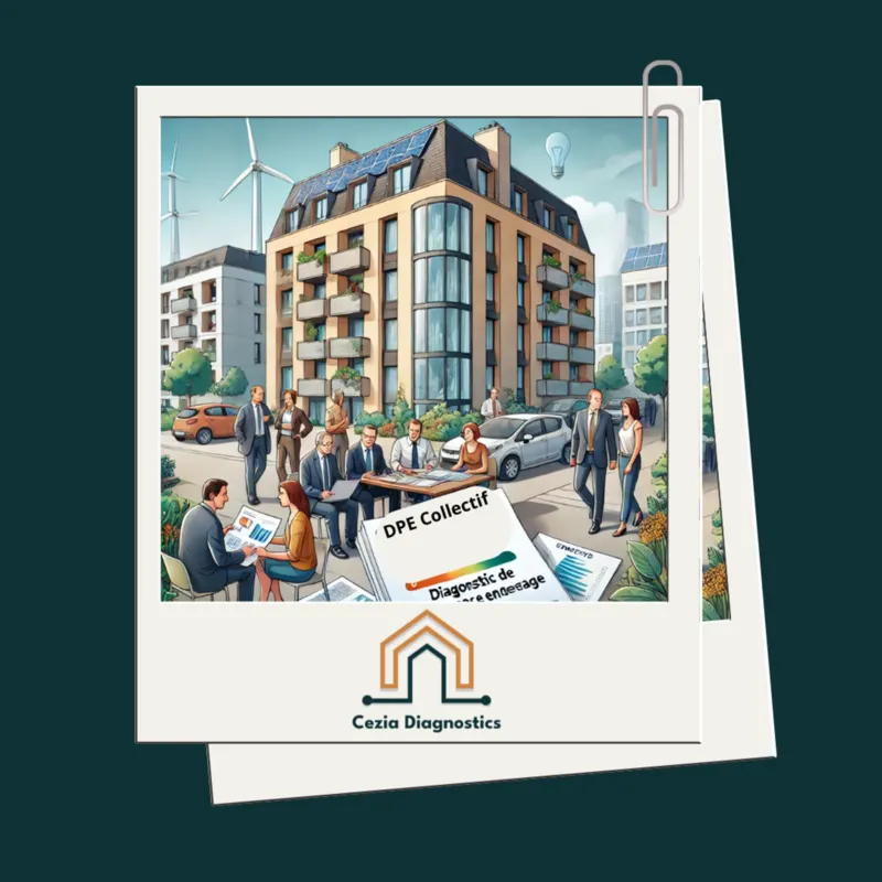 Illustration de copropriétaires réunis autour d’une table devant un immeuble équipé de panneaux solaires, un rapport au premier plan