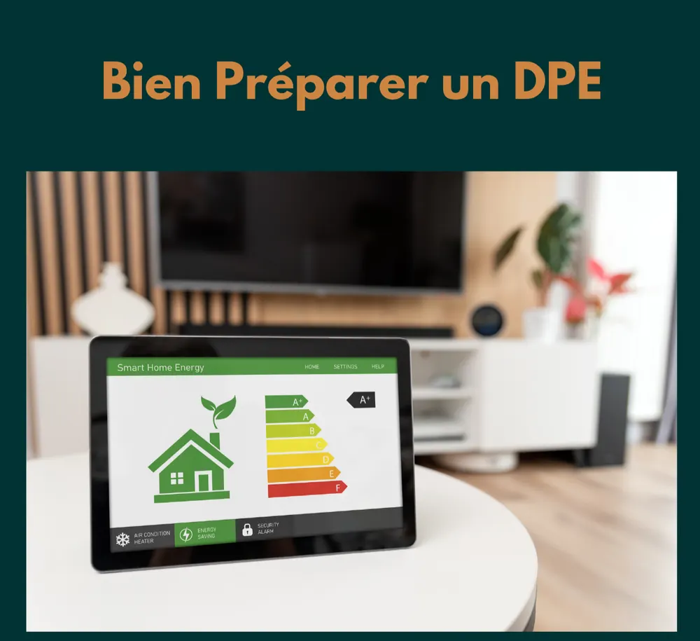 Tablette posée sur une table de salon, affichant une étiquette énergie graduée de A+ à F