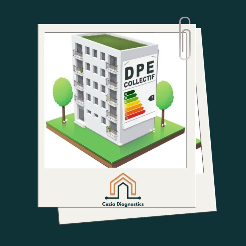 Immeuble en trois dimensions portant un panneau « DPE collectif » et une étiquette énergie graduée de A à G