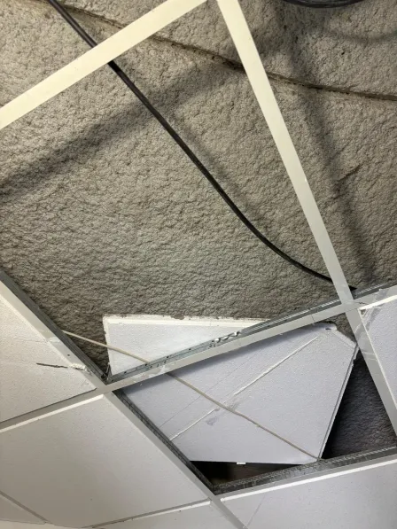 Faux plafond partiellement démonté, dalles déposées et flocage gris apparent sur la dalle béton, traversé par un câble électrique